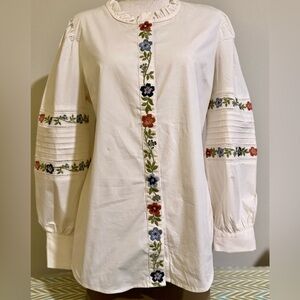 Spartina 449 White Blouse with Floral Embroidery
